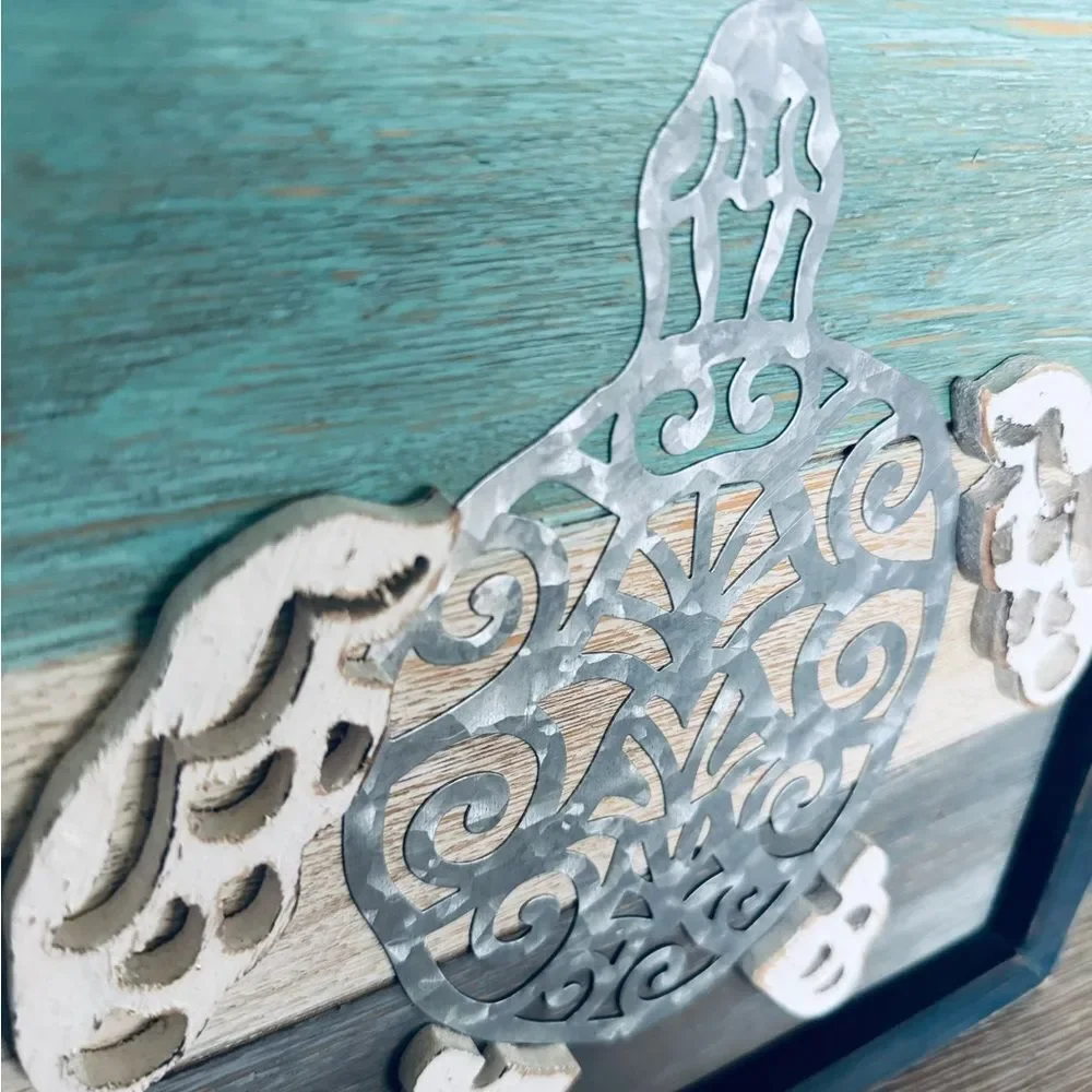 Sea Turtle Coastal Rustic Wood Metal Beach Wall Decor Art